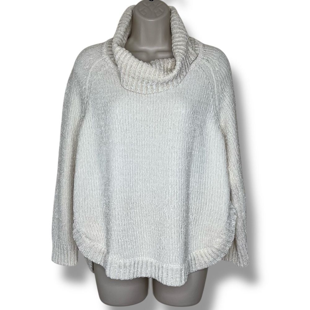 Jones New York Cream Chenille Cowl Neck Sweater Long Sleeve High Lo Women Medium